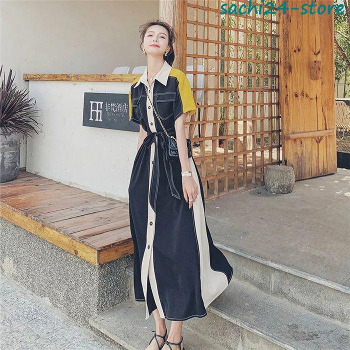 ワンピース シャツワンピース レディース ワンピ 夏 ロングワンピース スリット 半袖 ロング丈 マキシ丈 体型カバー バイカラー シンプル ワンピ ロン