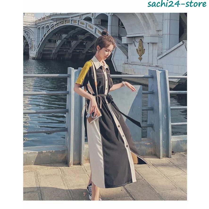 ワンピース シャツワンピース レディース ワンピ 夏 ロングワンピース スリット 半袖 ロング丈 マキシ丈 体型カバー バイカラー シンプル ワンピ ロン