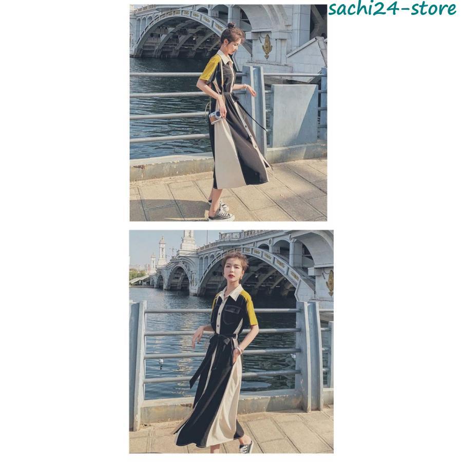 ワンピース シャツワンピース レディース ワンピ 夏 ロングワンピース スリット 半袖 ロング丈 マキシ丈 体型カバー バイカラー シンプル ワンピ ロン