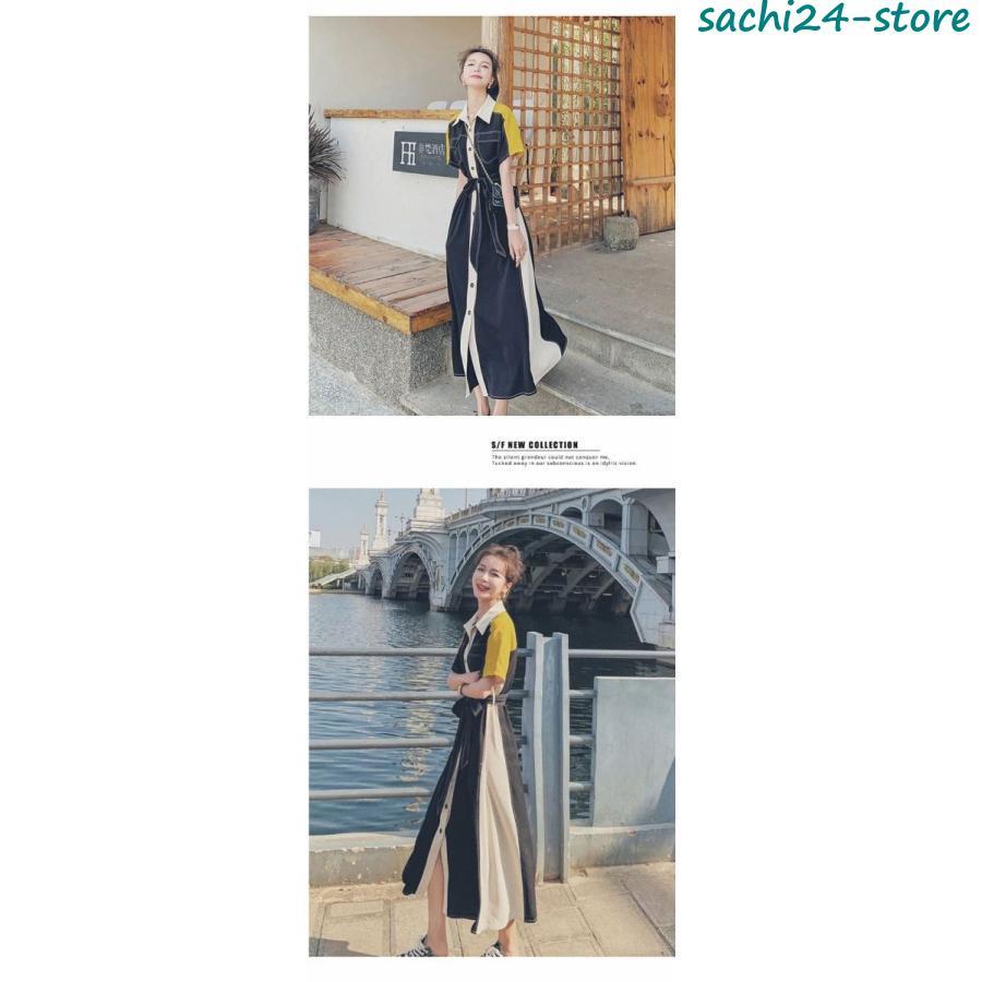 ワンピース シャツワンピース レディース ワンピ 夏 ロングワンピース スリット 半袖 ロング丈 マキシ丈 体型カバー バイカラー シンプル ワンピ ロン
