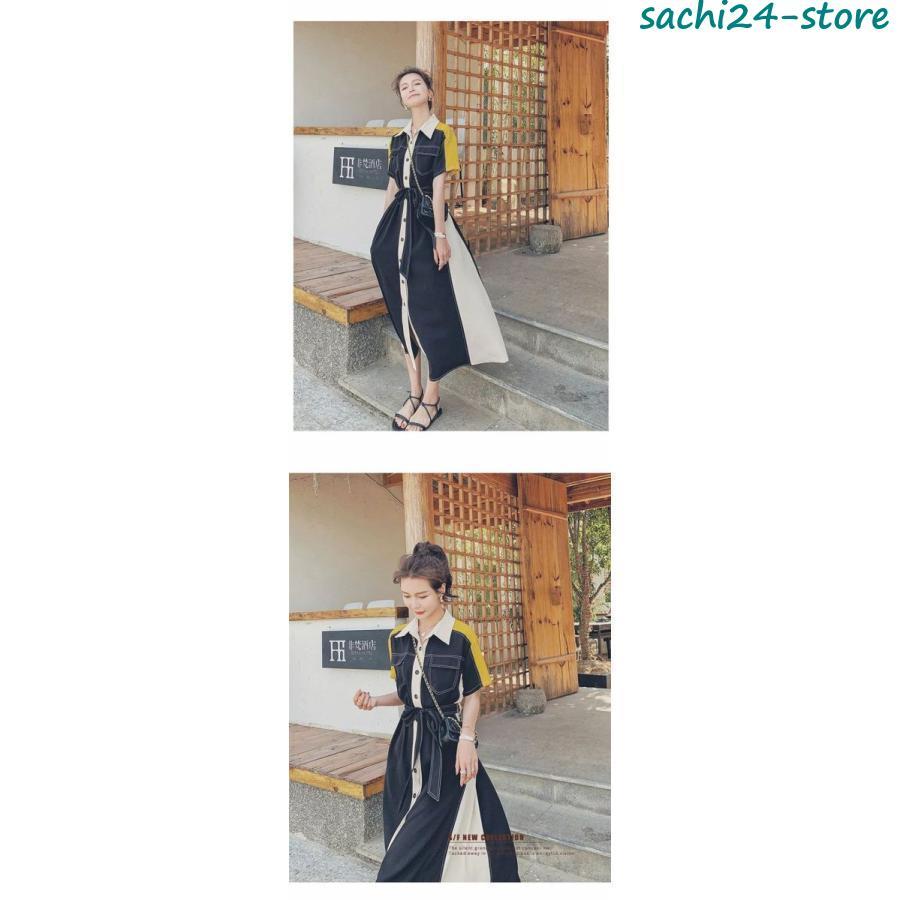 ワンピース シャツワンピース レディース ワンピ 夏 ロングワンピース スリット 半袖 ロング丈 マキシ丈 体型カバー バイカラー シンプル ワンピ ロン