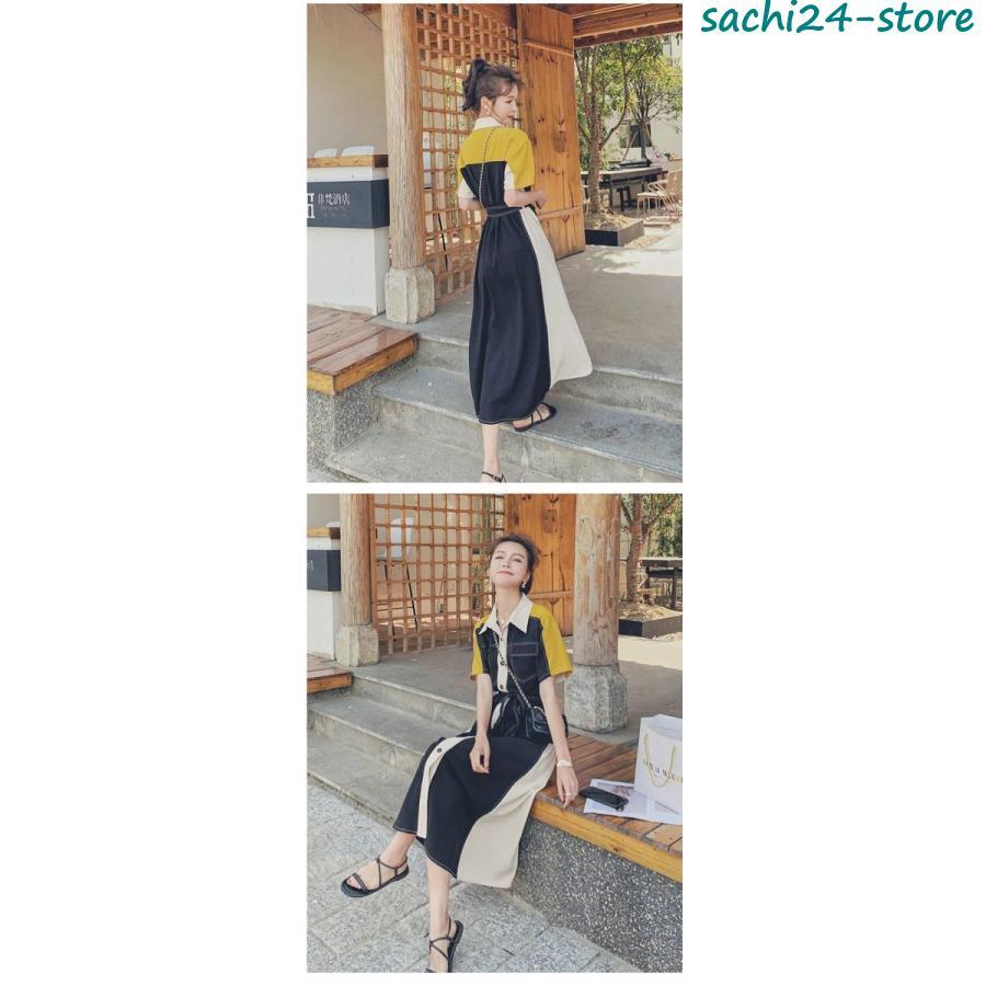 ワンピース シャツワンピース レディース ワンピ 夏 ロングワンピース スリット 半袖 ロング丈 マキシ丈 体型カバー バイカラー シンプル ワンピ ロン
