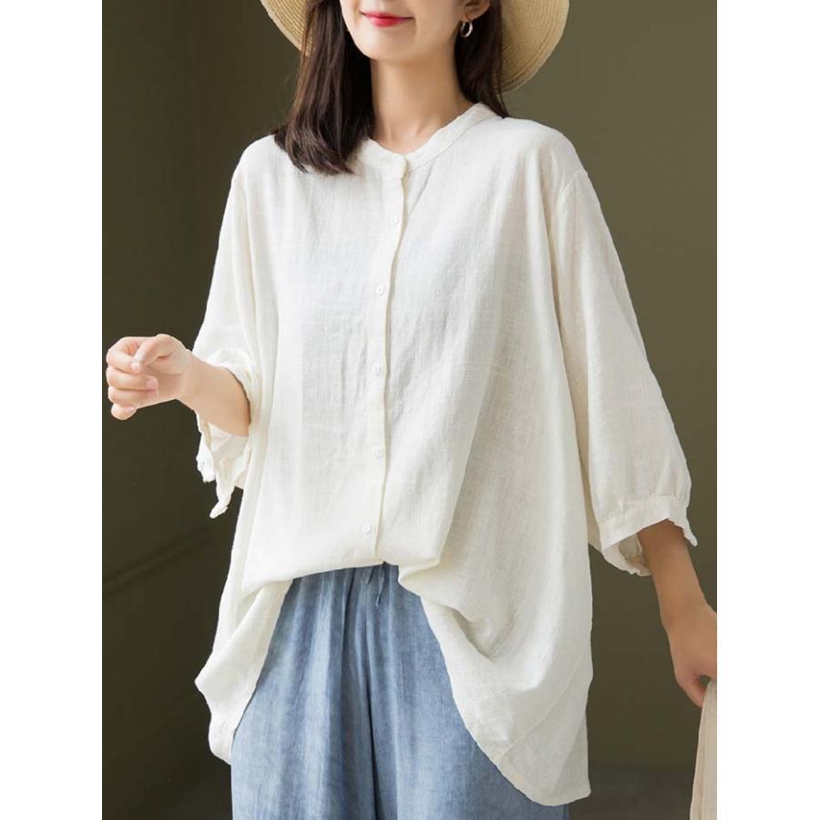 シャツ レディース 秋 春 7分袖 スタンドカラー リネン コットン ボリューム袖 大きいサイズ 綿麻 トップス 夏 秋 オシャレ シンプル カジュ シャツ レディース 秋 春 7分袖 スタンドカラー リネン コットン ボリューム袖 大きいサイズ 綿麻 トップス 夏 秋 オシャレ シンプル カジュ
