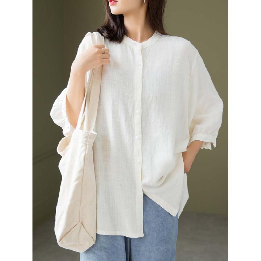 シャツ レディース 秋 春 7分袖 スタンドカラー リネン コットン ボリューム袖 大きいサイズ 綿麻 トップス 夏 秋 オシャレ シンプル カジュ シャツ レディース 秋 春 7分袖 スタンドカラー リネン コットン ボリューム袖 大きいサイズ 綿麻 トップス 夏 秋 オシャレ シンプル カジュ