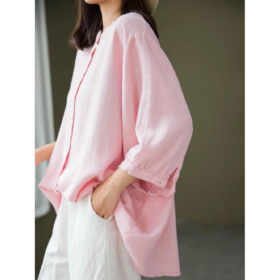 シャツ レディース 秋 春 7分袖 スタンドカラー リネン コットン ボリューム袖 大きいサイズ 綿麻 トップス 夏 秋 オシャレ シンプル カジュ シャツ レディース 秋 春 7分袖 スタンドカラー リネン コットン ボリューム袖 大きいサイズ 綿麻 トップス 夏 秋 オシャレ シンプル カジュ