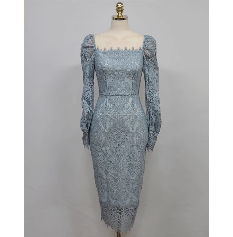 レディース ワンピース ドレス ノーカラー ペンシルスカート レーススカート ミモレ 長袖 スクエアネック ノーカラー タイト 細身 フォーマル 背中開き フェミニン レース バックスリット