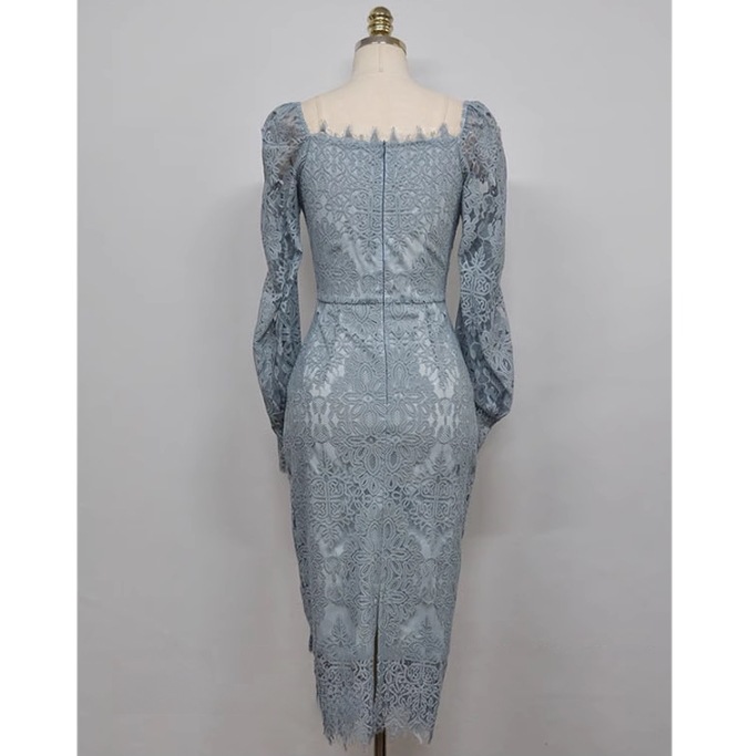 レディース ワンピース ドレス ノーカラー ペンシルスカート レーススカート ミモレ 長袖 スクエアネック ノーカラー タイト 細身 フォーマル 背中開き フェミニン レース バックスリット