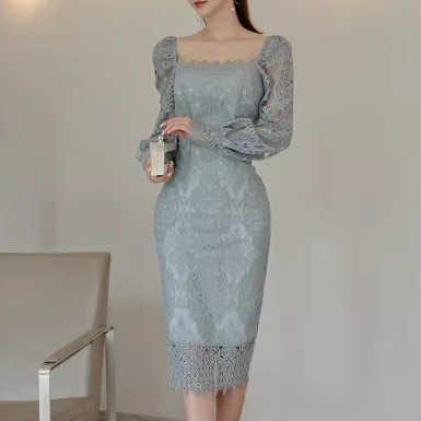 レディース ワンピース ドレス ノーカラー ペンシルスカート レーススカート ミモレ 長袖 スクエアネック ノーカラー タイト 細身 フォーマル 背中開き フェミニン レース バックスリット