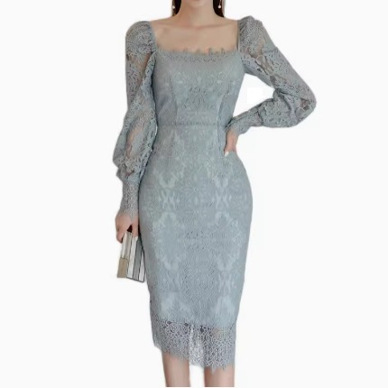 レディース ワンピース ドレス ノーカラー ペンシルスカート レーススカート ミモレ 長袖 スクエアネック ノーカラー タイト 細身 フォーマル 背中開き フェミニン レース バックスリット