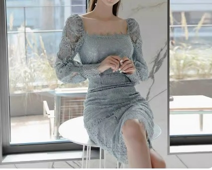 レディース ワンピース ドレス ノーカラー ペンシルスカート レーススカート ミモレ 長袖 スクエアネック ノーカラー タイト 細身 フォーマル 背中開き フェミニン レース バックスリット