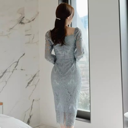 レディース ワンピース ドレス ノーカラー ペンシルスカート レーススカート ミモレ 長袖 スクエアネック ノーカラー タイト 細身 フォーマル 背中開き フェミニン レース バックスリット