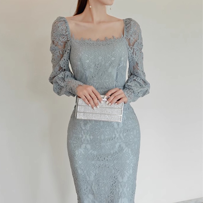 レディース ワンピース ドレス ノーカラー ペンシルスカート レーススカート ミモレ 長袖 スクエアネック ノーカラー タイト 細身 フォーマル 背中開き フェミニン レース バックスリット