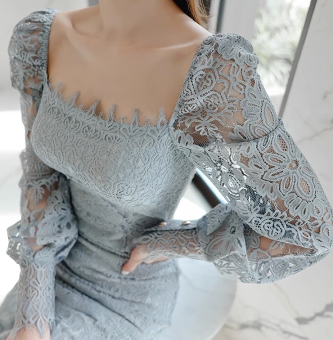 レディース ワンピース ドレス ノーカラー ペンシルスカート レーススカート ミモレ 長袖 スクエアネック ノーカラー タイト 細身 フォーマル 背中開き フェミニン レース バックスリット