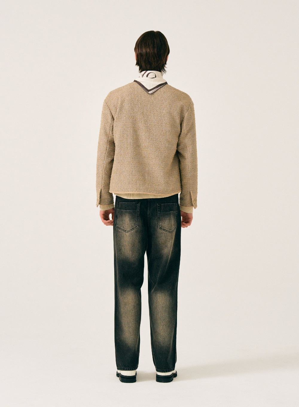 【SATUR】 COLLARLESS TWO TONE TWEED JACKET : BEIGE BLUE 【SATUR】 COLLARLESS TWO TONE TWEED JACKET : BEIGE BLUE