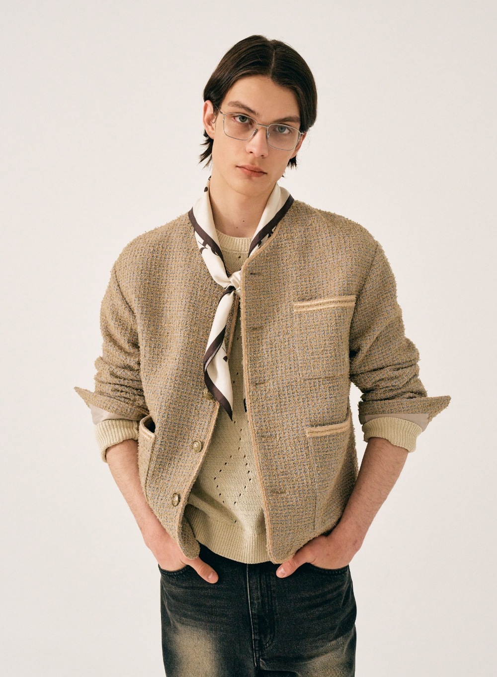 【SATUR】 COLLARLESS TWO TONE TWEED JACKET : BEIGE BLUE 【SATUR】 COLLARLESS TWO TONE TWEED JACKET : BEIGE BLUE