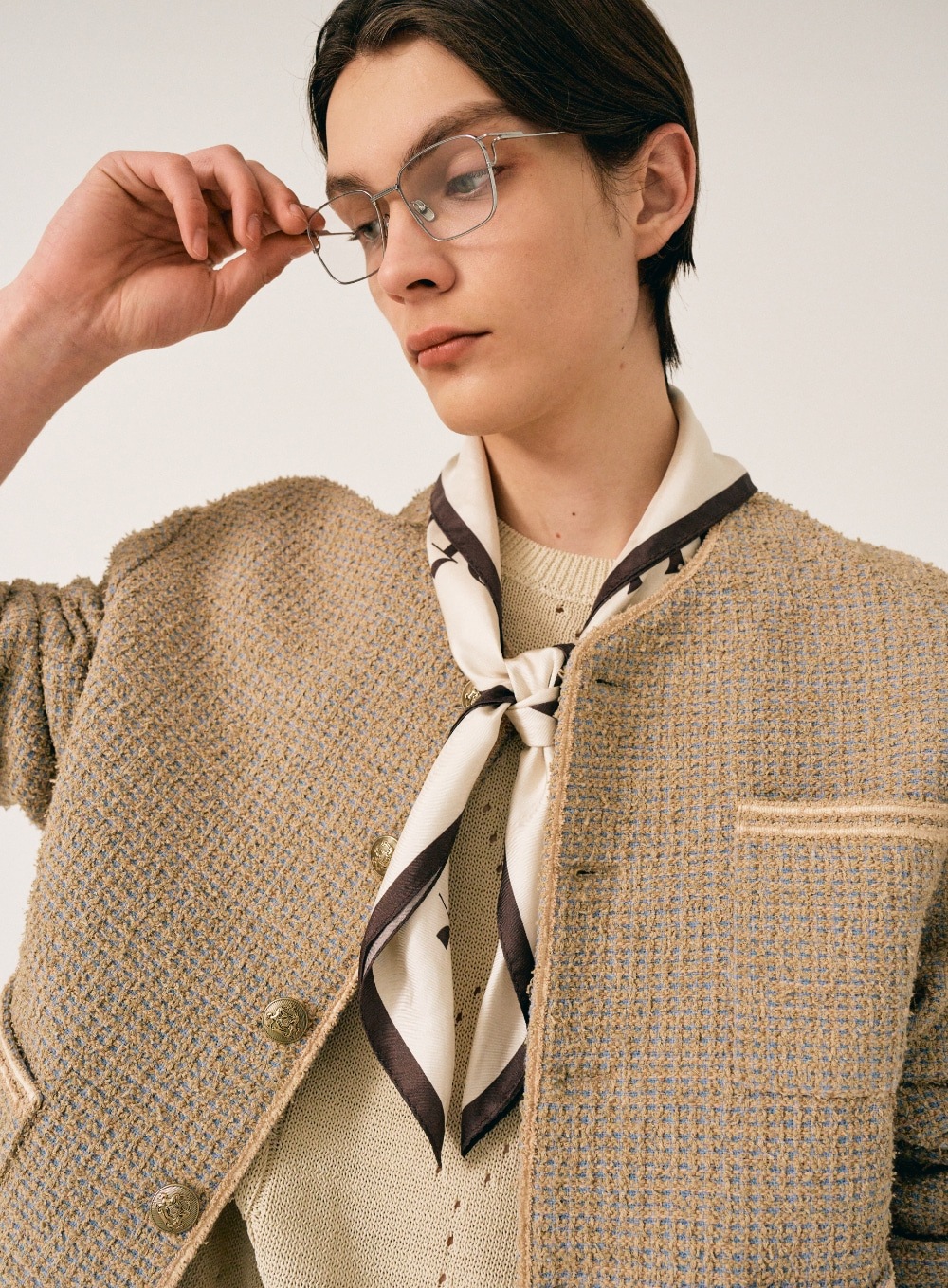 【SATUR】 COLLARLESS TWO TONE TWEED JACKET : BEIGE BLUE 【SATUR】 COLLARLESS TWO TONE TWEED JACKET : BEIGE BLUE