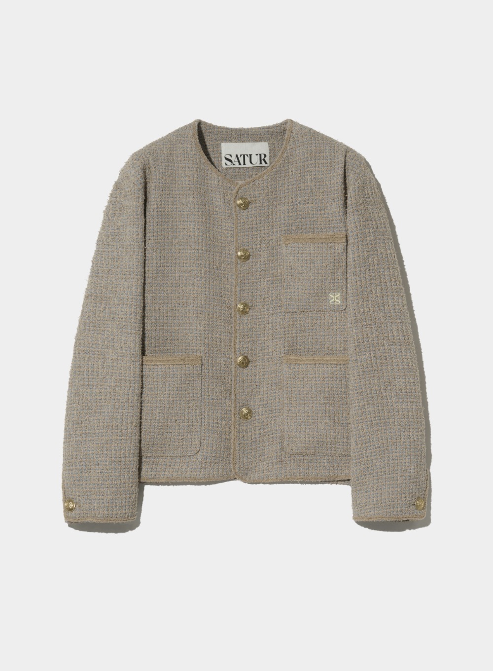 【SATUR】 COLLARLESS TWO TONE TWEED JACKET : BEIGE BLUE 【SATUR】 COLLARLESS TWO TONE TWEED JACKET : BEIGE BLUE