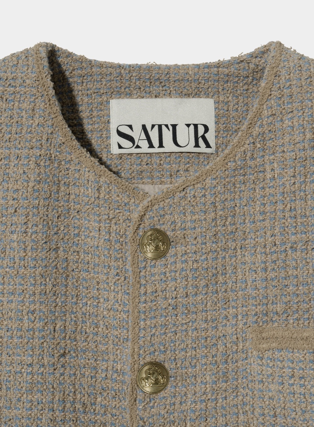 【SATUR】 COLLARLESS TWO TONE TWEED JACKET : BEIGE BLUE 【SATUR】 COLLARLESS TWO TONE TWEED JACKET : BEIGE BLUE
