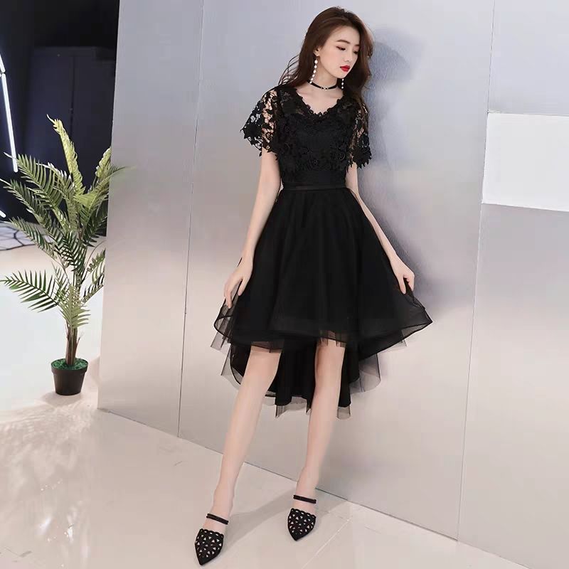 黒のイブニングドレススカート女性2024夏前のショートとバックロングパーティードレスドレス小さなドレ