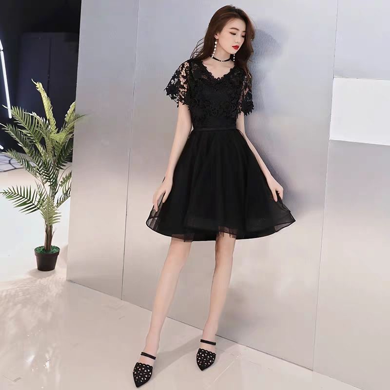 黒のイブニングドレススカート女性2024夏前のショートとバックロングパーティードレスドレス小さなドレ