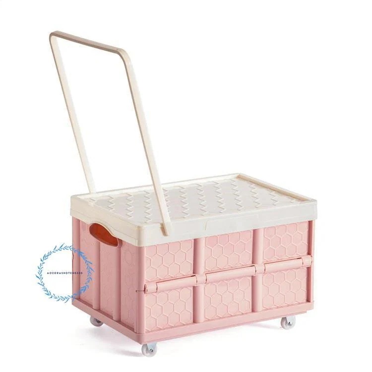 送料無料収納ボックス 折りたたみ コンテナ キャスター付き ハンドル付き フタ付 カゴ付き キャリーカート キャリーワゴン 台車 コンテナボックス おもちゃ箱