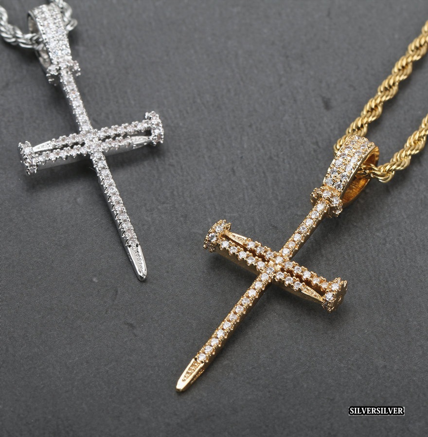 クロスネックレス 釘 パヴェ CZ [n304]