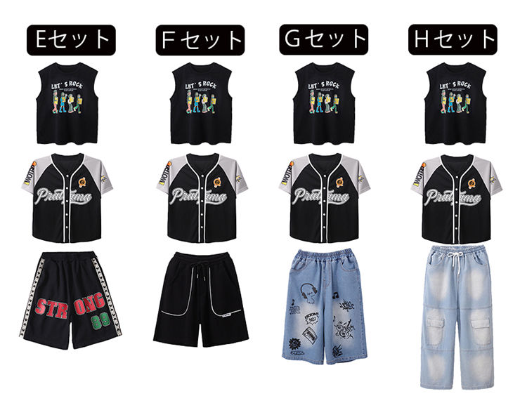 人气ジャズ ダンス衣装 キッズ ダンス ベースボールシャツ ゲームシャツ ヒップホップ ステージ衣装 柄シャツ 半袖 半ズボン 半パンツ ジュニア セットアップ 団体服 演出服 女の子 男の子 派手_3