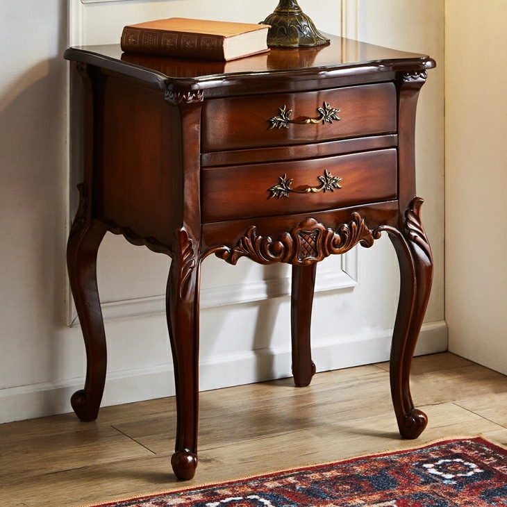 マホガニー ナイトテーブル ベッドサイドテーブル 2段引出し 収納