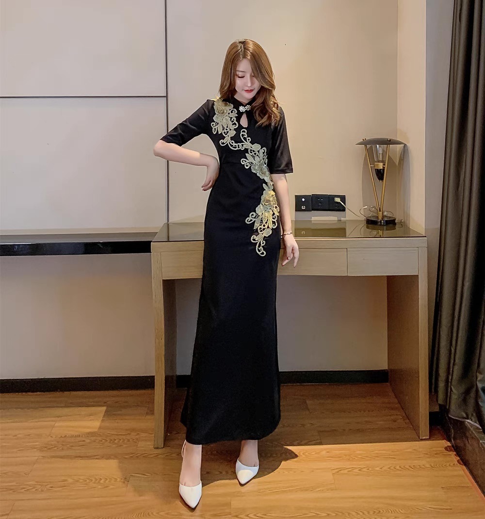 ドレス パーティー ステージ 舞台 衣装 マキシ 5分袖 スタンドカラー スレンダー タイト スリム チャイナドレス 刺繍 サイドスリット アシンメトリー 可愛い きれいめ 大人可愛い ドレス パーティー ステージ 舞台 衣装 マキシ 5分袖 スタンドカラー スレンダー タイト スリム チャイナドレス 刺繍 サイドスリット アシンメトリー 可愛い きれいめ 大人可愛い