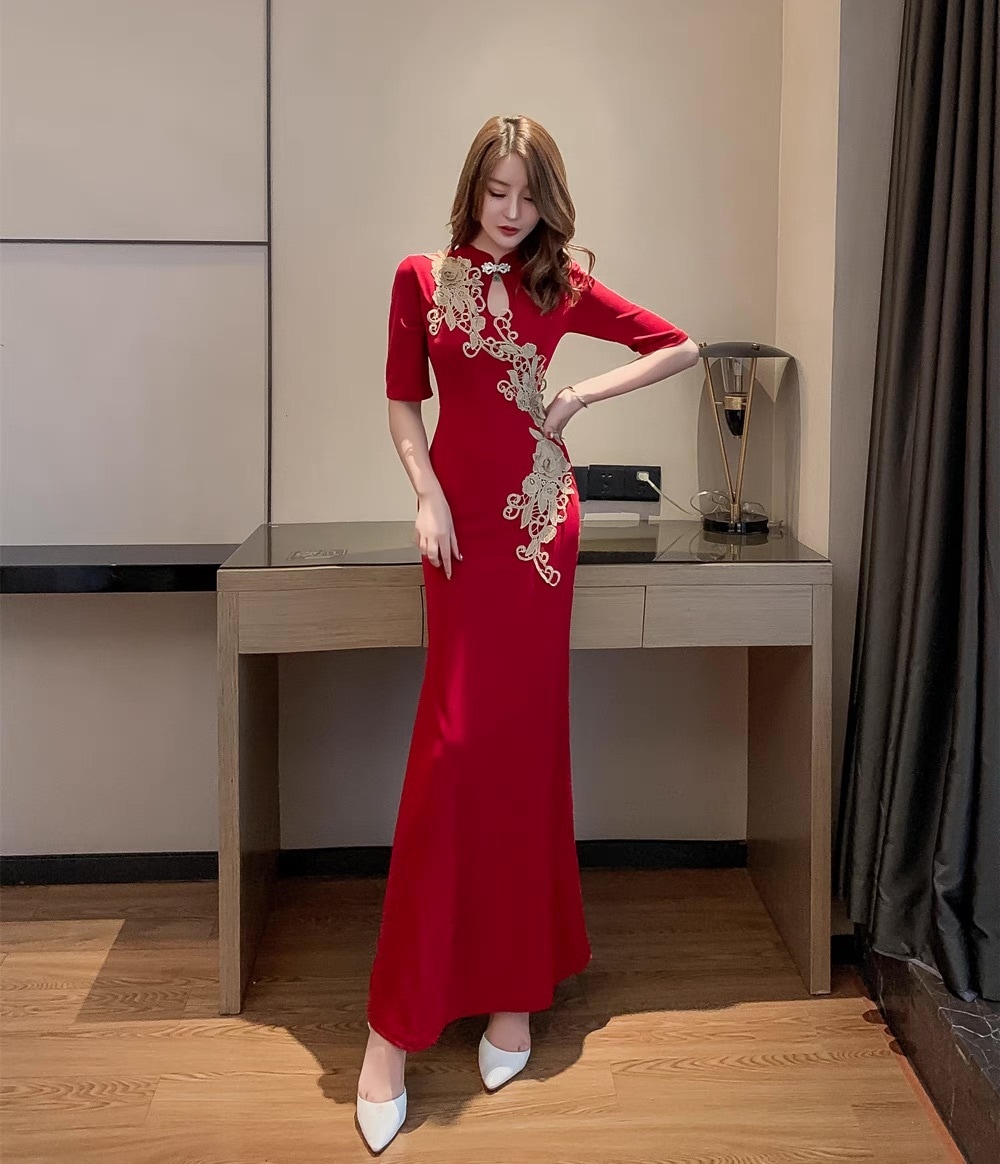 ドレス パーティー ステージ 舞台 衣装 マキシ 5分袖 スタンドカラー スレンダー タイト スリム チャイナドレス 刺繍 サイドスリット アシンメトリー 可愛い きれいめ 大人可愛い ドレス パーティー ステージ 舞台 衣装 マキシ 5分袖 スタンドカラー スレンダー タイト スリム チャイナドレス 刺繍 サイドスリット アシンメトリー 可愛い きれいめ 大人可愛い