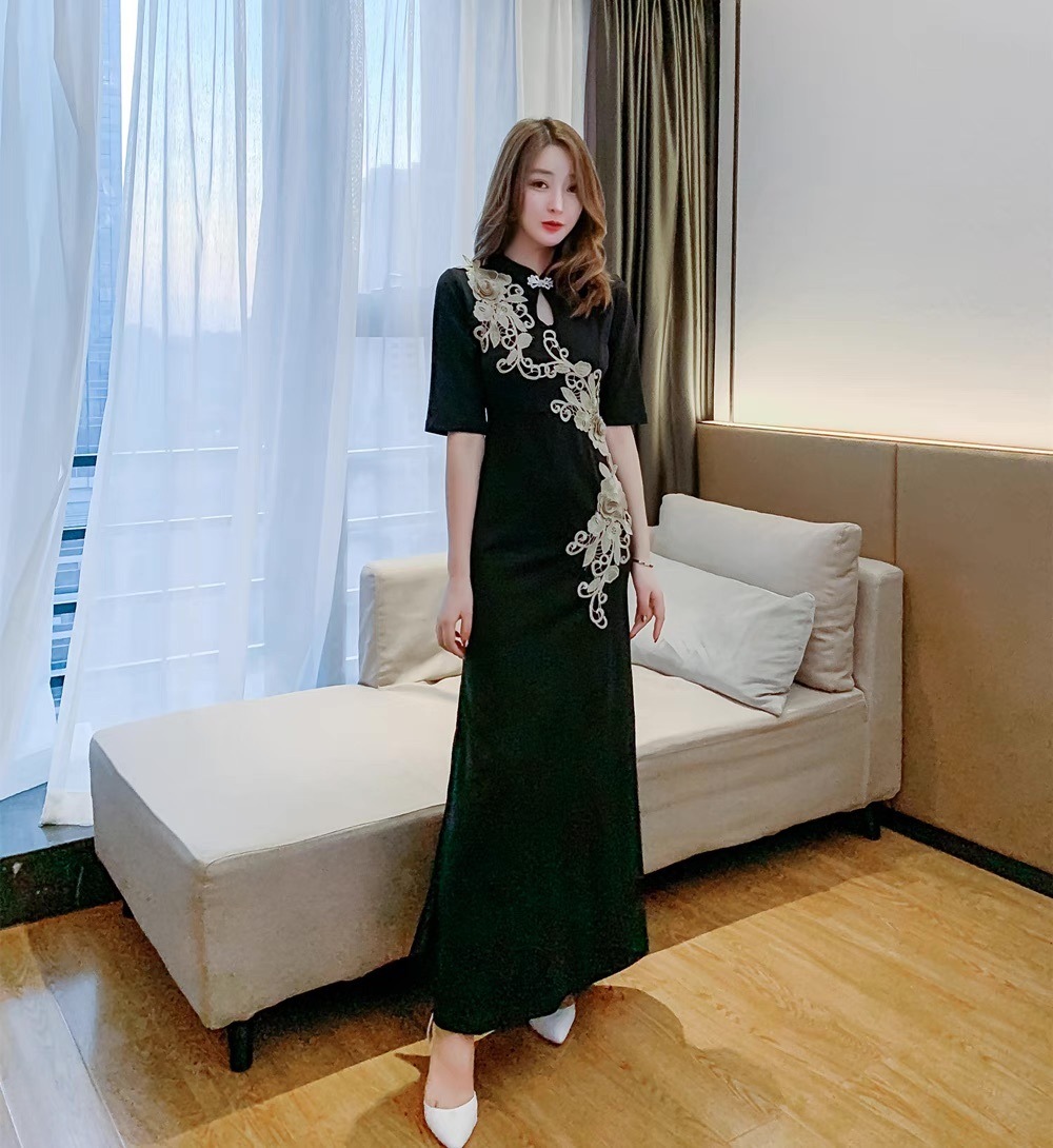 ドレス パーティー ステージ 舞台 衣装 マキシ 5分袖 スタンドカラー スレンダー タイト スリム チャイナドレス 刺繍 サイドスリット アシンメトリー 可愛い きれいめ 大人可愛い ドレス パーティー ステージ 舞台 衣装 マキシ 5分袖 スタンドカラー スレンダー タイト スリム チャイナドレス 刺繍 サイドスリット アシンメトリー 可愛い きれいめ 大人可愛い