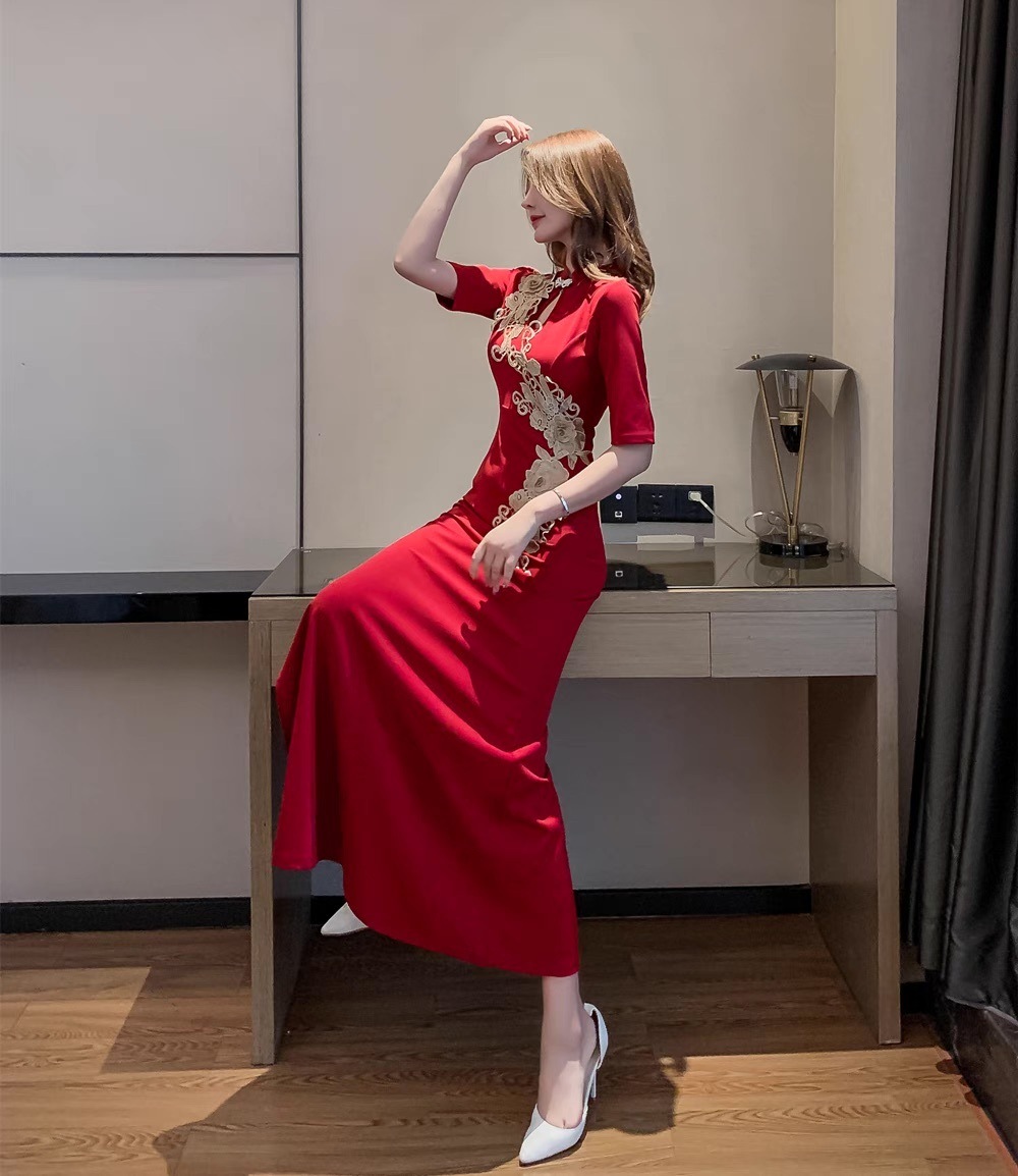 ドレス パーティー ステージ 舞台 衣装 マキシ 5分袖 スタンドカラー スレンダー タイト スリム チャイナドレス 刺繍 サイドスリット アシンメトリー 可愛い きれいめ 大人可愛い ドレス パーティー ステージ 舞台 衣装 マキシ 5分袖 スタンドカラー スレンダー タイト スリム チャイナドレス 刺繍 サイドスリット アシンメトリー 可愛い きれいめ 大人可愛い