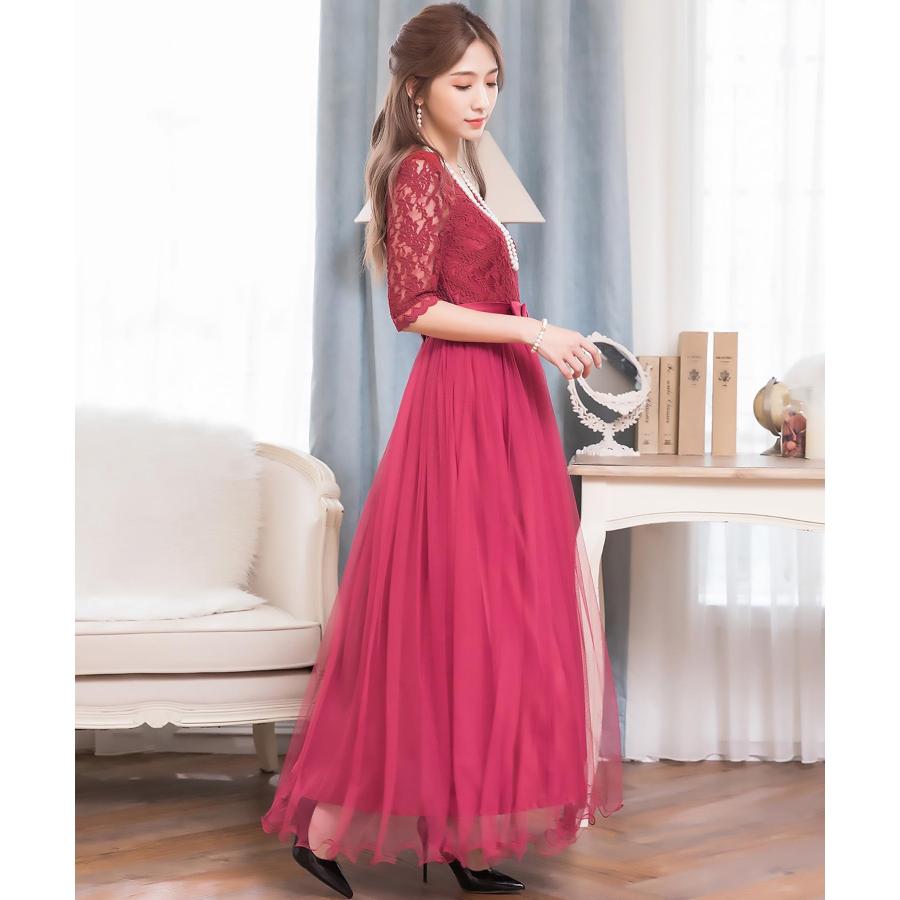 【即納】ロングドレス パーティードレス 結婚式 ドレス 成人式 同窓会 キャバ 袖あり 大きいサイズ 謝恩会 レース 五分袖 ロング 20代 30代 レース フレア yj188136