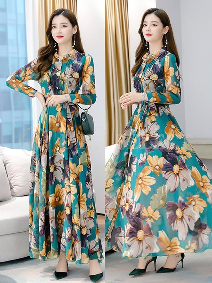 ワンピース レディース 春 秋 ロング きれいめ Aライン 花柄 裏地あり BN227 GRN( グリーン, 2XL) ワンピース レディース 春 秋 ロング きれいめ Aライン 花柄 裏地あり BN227 GRN( グリーン, 2XL)