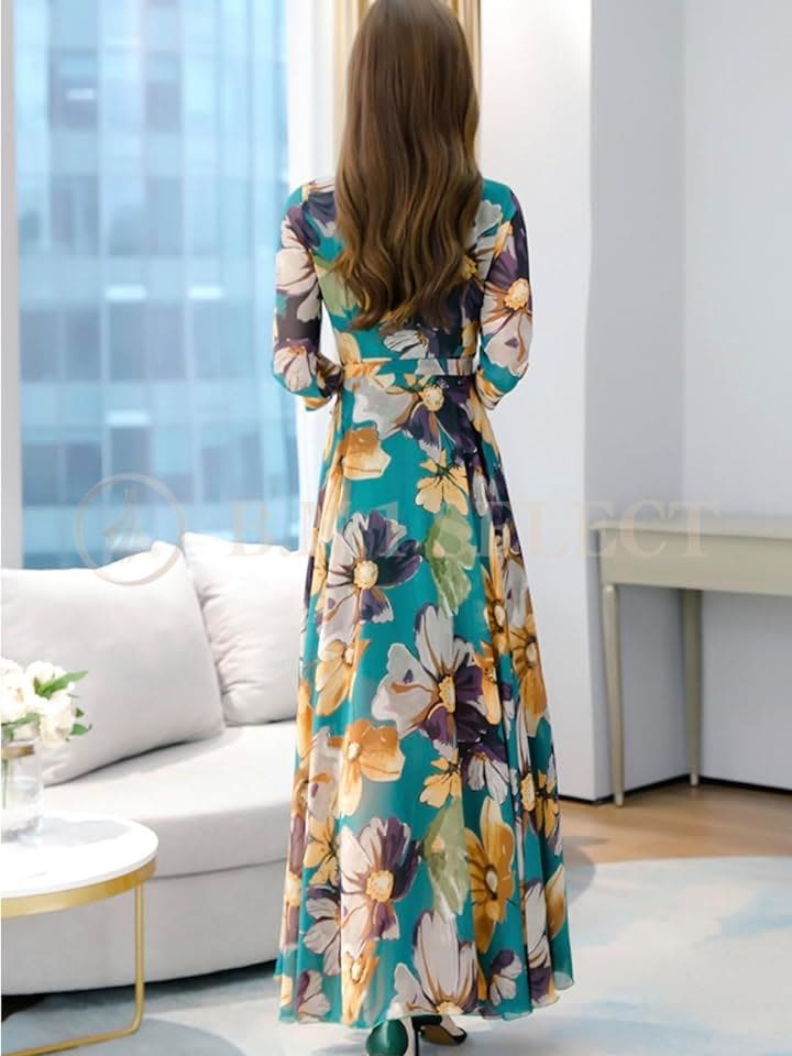 ワンピース レディース 春 秋 ロング きれいめ Aライン 花柄 裏地あり BN227 GRN( グリーン, 2XL) ワンピース レディース 春 秋 ロング きれいめ Aライン 花柄 裏地あり BN227 GRN( グリーン, 2XL)