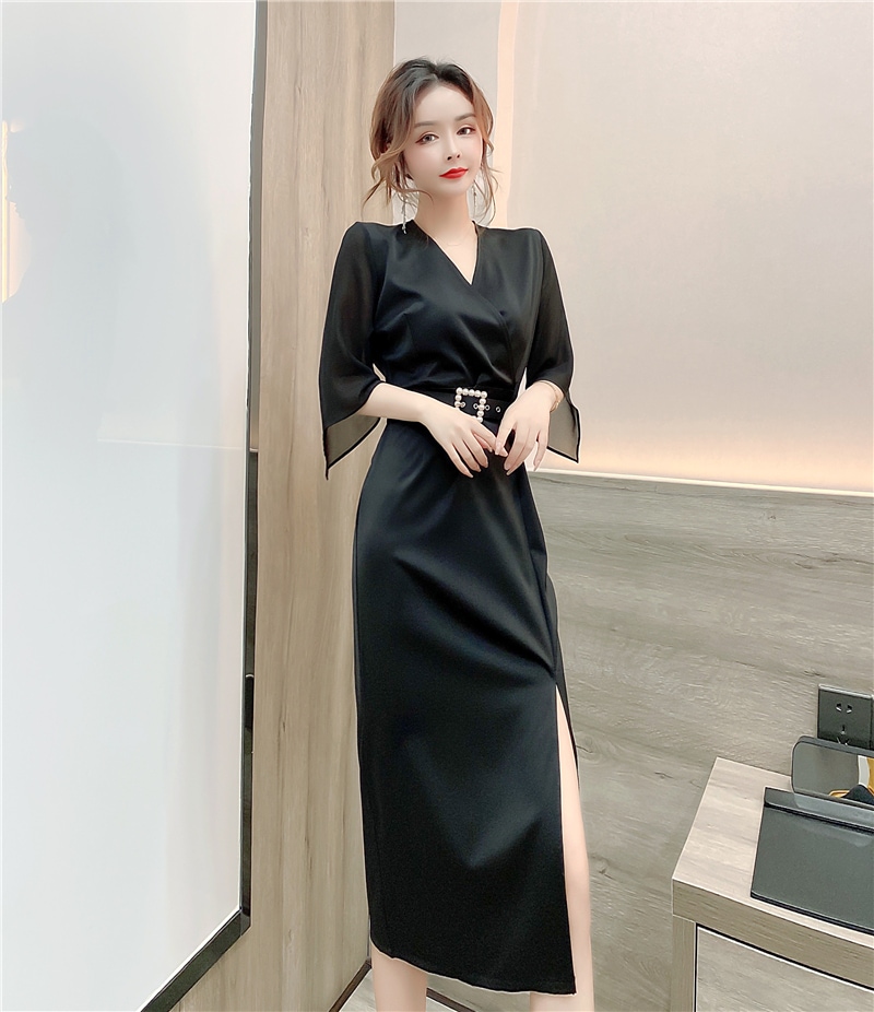 ワンピース 膝下 ミモレ ミモレ丈 袖あり 7分袖 七分袖 Vネック カシュクール 襟なし タイト ベルト ウエストマーク スリット サイドスリット ハイウエスト ポリエステル きれいめ 上品 お洒落