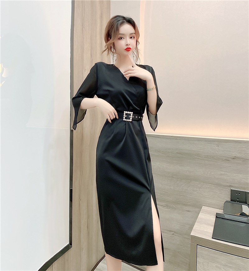 ワンピース 膝下 ミモレ ミモレ丈 袖あり 7分袖 七分袖 Vネック カシュクール 襟なし タイト ベルト ウエストマーク スリット サイドスリット ハイウエスト ポリエステル きれいめ 上品 お洒落