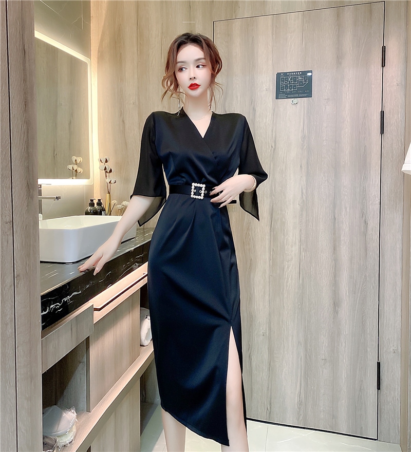 ワンピース 膝下 ミモレ ミモレ丈 袖あり 7分袖 七分袖 Vネック カシュクール 襟なし タイト ベルト ウエストマーク スリット サイドスリット ハイウエスト ポリエステル きれいめ 上品 お洒落