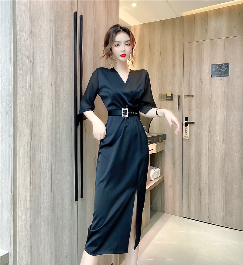 ワンピース 膝下 ミモレ ミモレ丈 袖あり 7分袖 七分袖 Vネック カシュクール 襟なし タイト ベルト ウエストマーク スリット サイドスリット ハイウエスト ポリエステル きれいめ 上品 お洒落