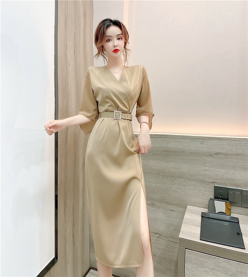 ワンピース 膝下 ミモレ ミモレ丈 袖あり 7分袖 七分袖 Vネック カシュクール 襟なし タイト ベルト ウエストマーク スリット サイドスリット ハイウエスト ポリエステル きれいめ 上品 お洒落