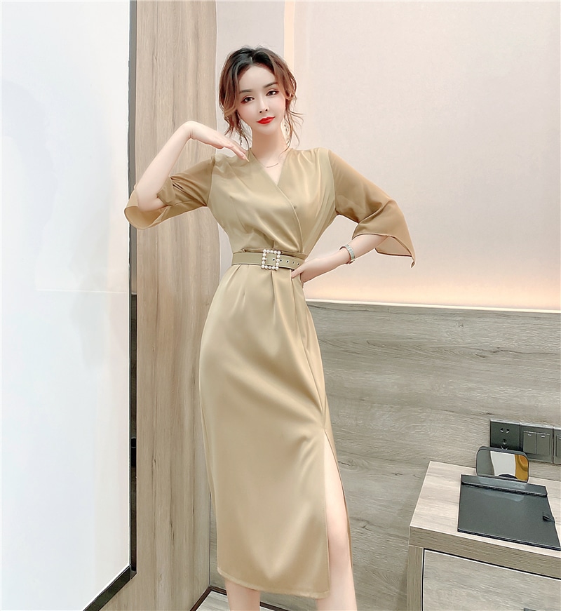 ワンピース 膝下 ミモレ ミモレ丈 袖あり 7分袖 七分袖 Vネック カシュクール 襟なし タイト ベルト ウエストマーク スリット サイドスリット ハイウエスト ポリエステル きれいめ 上品 お洒落