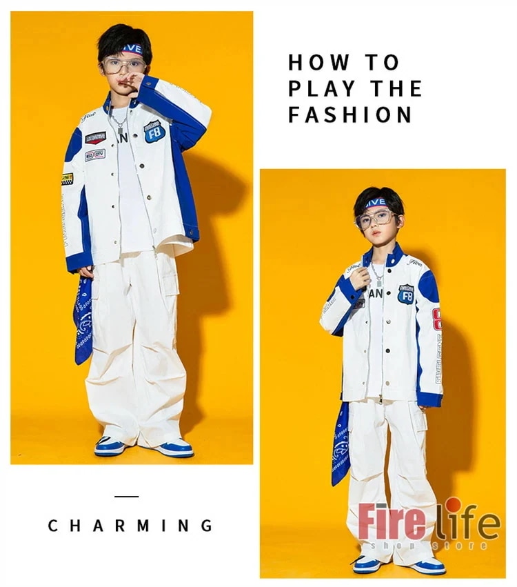 ダンスウェアセール キッズ ダンス衣装 ヒップホップ 白青 ジャケット ホワイト カーゴパンツ セットアップ ダンスウェア 男の子 女の子 長袖 韓国 派手 運動着 ダンス発表会 ジャージ ステージ衣 ダンスウェアセール キッズ ダンス衣装 ヒップホップ 白青 ジャケット ホワイト カーゴパンツ セットアップ ダンスウェア 男の子 女の子 長袖 韓国 派手 運動着 ダンス発表会 ジャージ ステージ衣