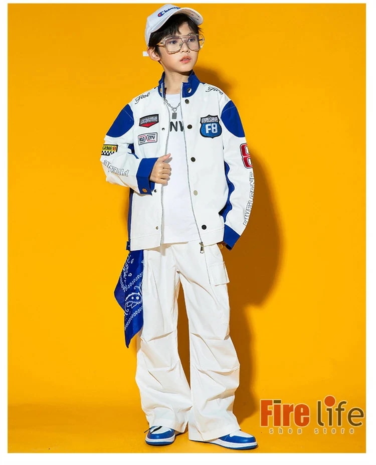 ダンスウェアセール キッズ ダンス衣装 ヒップホップ 白青 ジャケット ホワイト カーゴパンツ セットアップ ダンスウェア 男の子 女の子 長袖 韓国 派手 運動着 ダンス発表会 ジャージ ステージ衣 ダンスウェアセール キッズ ダンス衣装 ヒップホップ 白青 ジャケット ホワイト カーゴパンツ セットアップ ダンスウェア 男の子 女の子 長袖 韓国 派手 運動着 ダンス発表会 ジャージ ステージ衣