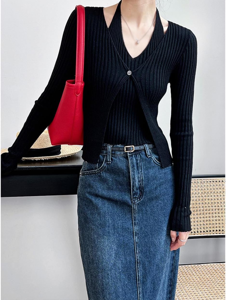 ホルターネック セーター レディース 長袖 リブ ニット タイト カーディガン風 プルオーバー リブニット Vネック インナー ストレッチ フェミニン 無地 かわいい セクシー ニットセーター