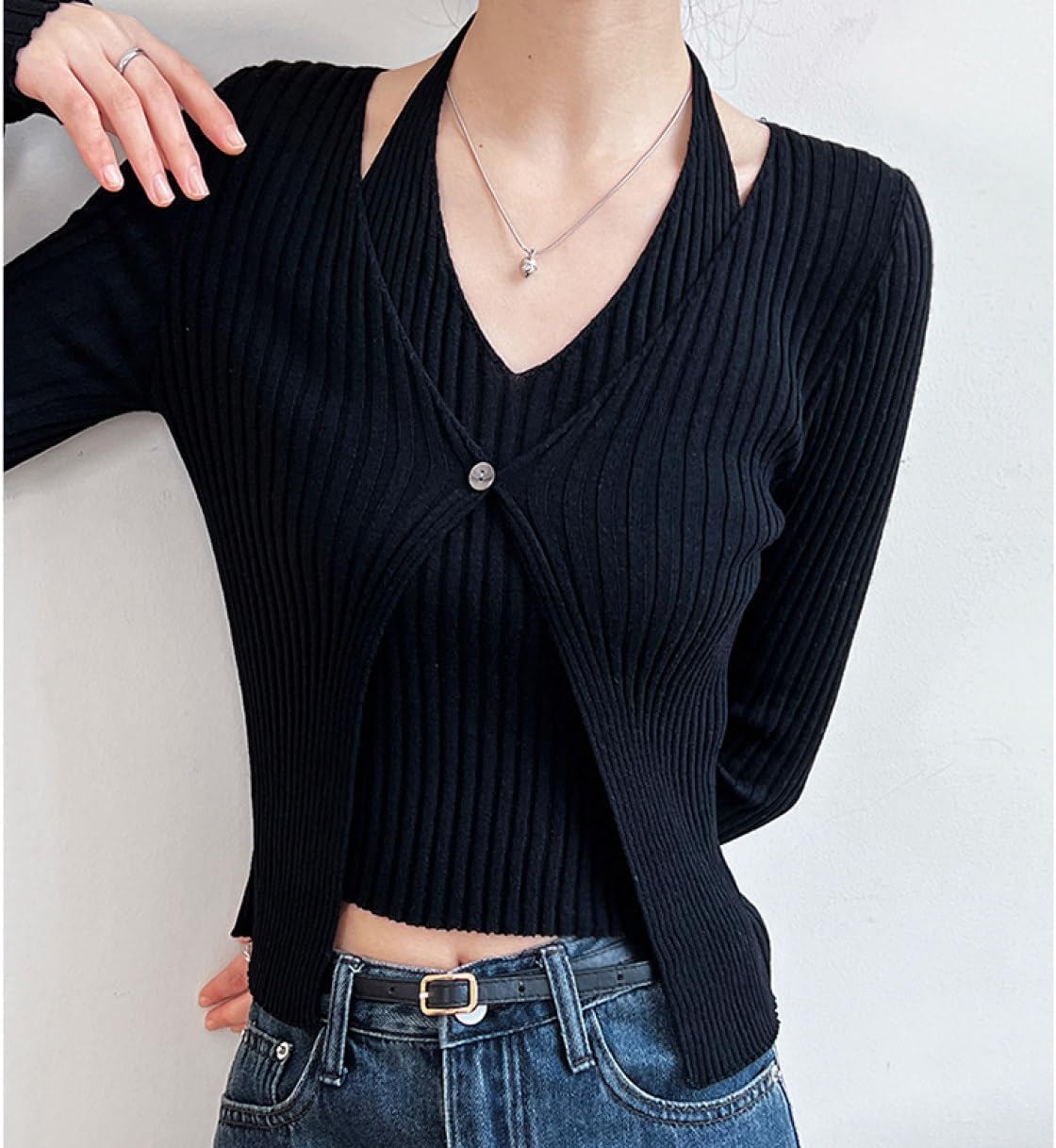 ホルターネック セーター レディース 長袖 リブ ニット タイト カーディガン風 プルオーバー リブニット Vネック インナー ストレッチ フェミニン 無地 かわいい セクシー ニットセーター