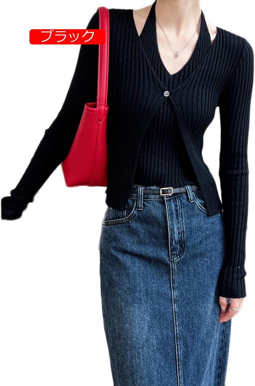 ホルターネック セーター レディース 長袖 リブ ニット タイト カーディガン風 プルオーバー リブニット Vネック インナー ストレッチ フェミニン 無地 かわいい セクシー ニットセーター