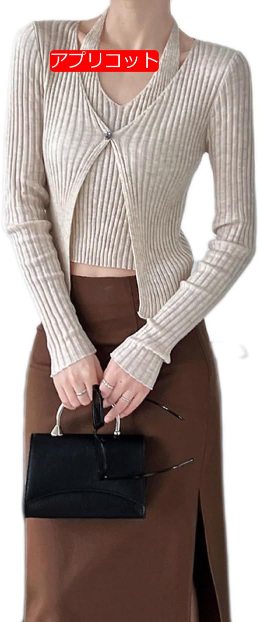 ホルターネック セーター レディース 長袖 リブ ニット タイト カーディガン風 プルオーバー リブニット Vネック インナー ストレッチ フェミニン 無地 かわいい セクシー ニットセーター