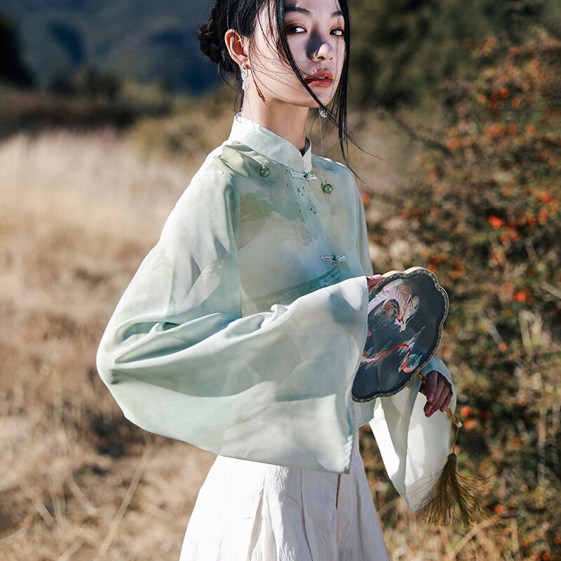 チャイナ風シャツ シフォントップス レディース 染み 透け感 立ち襟 長袖 改良唐装 紫外線対策 チャイナ風シャツ シフォントップス レディース 染み 透け感 立ち襟 長袖 改良唐装 紫外線対策