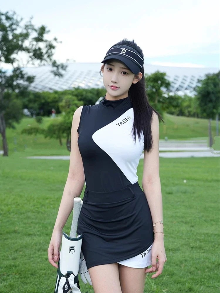 【送料無料】ゴルフウェア 春夏 レディース スポーツウェア トップス 袖無し 半袖 Tシャツ スカート ミニスカート 上下セット 黒白 女性 テニスウェア 通気性 速乾 韓国風 おしゃれ
