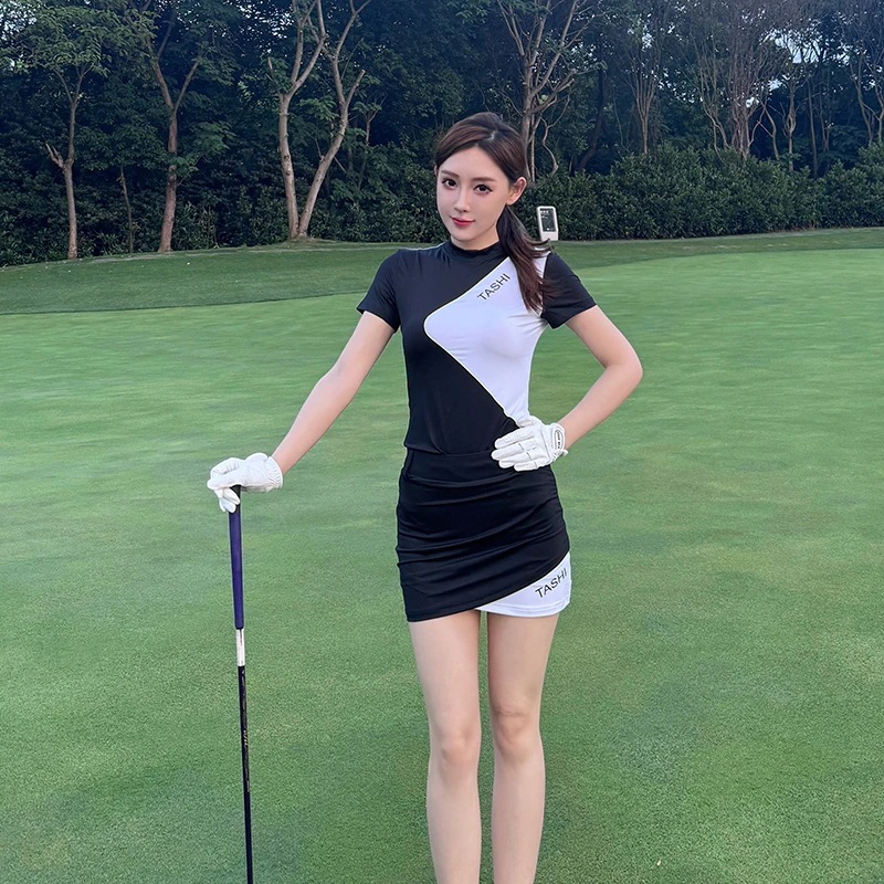 【送料無料】ゴルフウェア 春夏 レディース スポーツウェア トップス 袖無し 半袖 Tシャツ スカート ミニスカート 上下セット 黒白 女性 テニスウェア 通気性 速乾 韓国風 おしゃれ